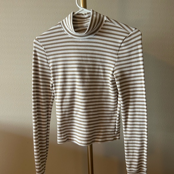 American Eagle Outfitters Cream & Tan Striped Turtleneck Crop Top - Picture 4 of 6